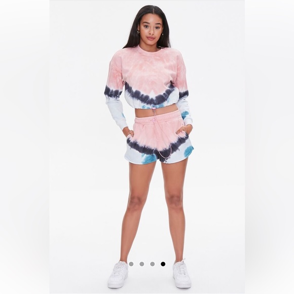 Forever 21 pink blue white tie dye crop top sweatshirt shorts matching set - Picture 7 of 16